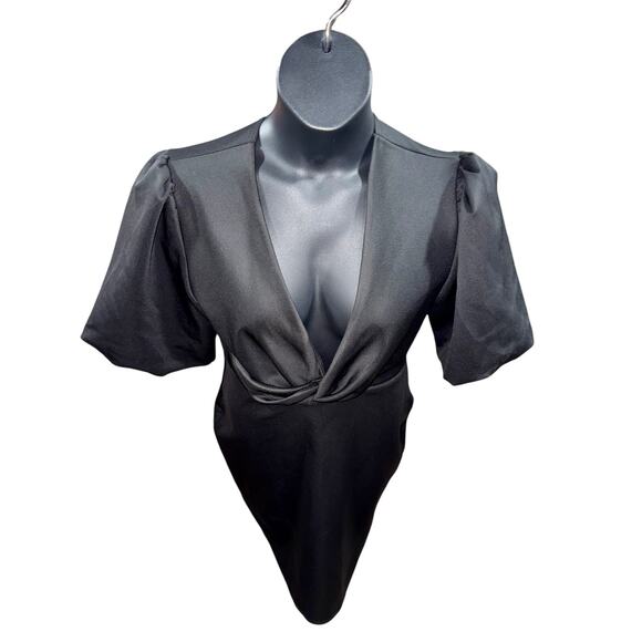 Boohoo Balloon Sleeve Twist Detail Black Midi Dress night out gothcore SZ US 12 - Picture 3 of 8